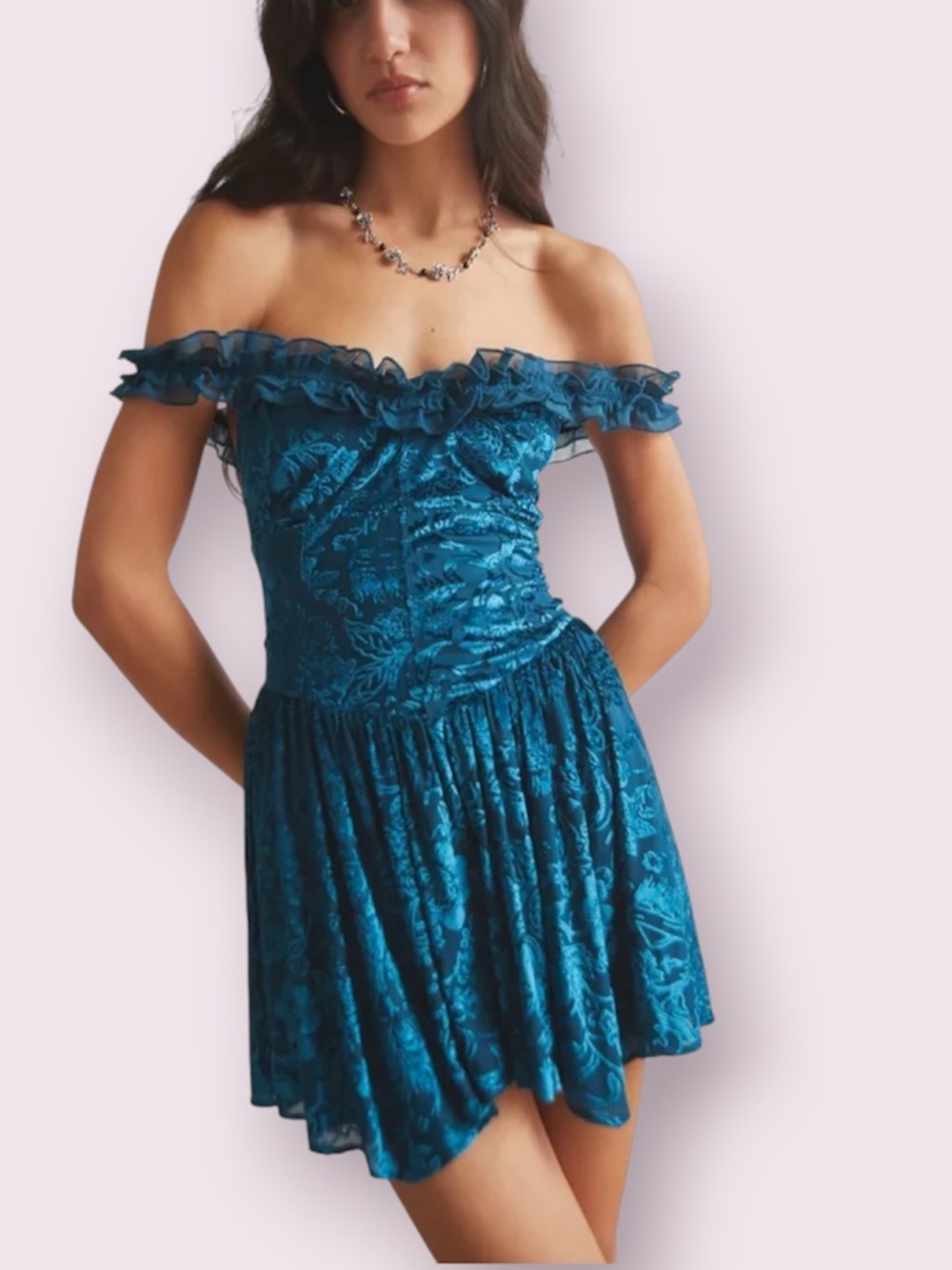 Urban Outfitters Kimchi Blue Carmen Velvet Floral Romper Teal Blue Size Medium